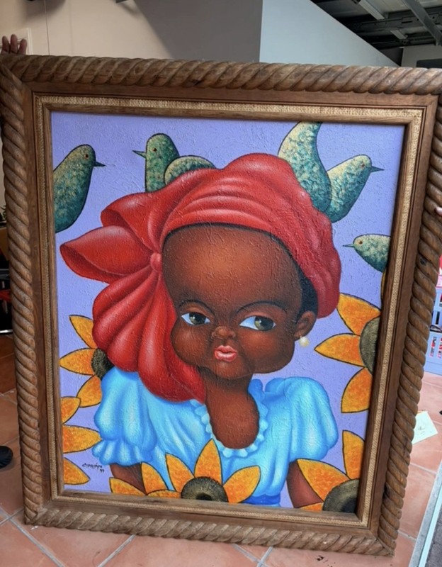 Framed Naïve Art Acrylic Painting Woman Red Headscarf Sunflowers Birds on Canvas