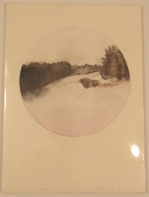 Signed Karen Fitzgerald watercolor landscape painting Winterfield 15x11" gallery