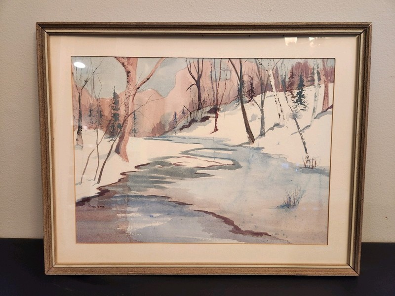 Rhea Jones Signed Original Watercolor Winter Landscape Painting The Mahwah River