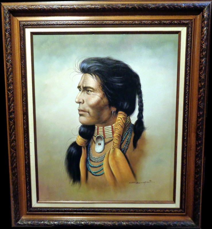 J.ROMAN Handsome Native American Man 28×32 Framed Painting (Signed)