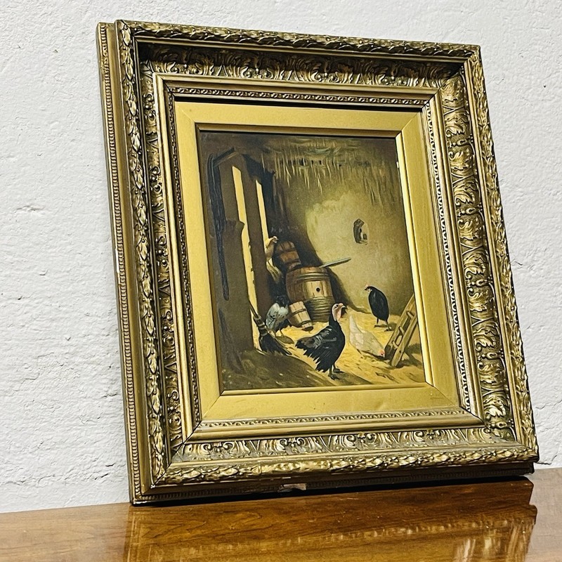 Farmyard Scene Painting PRINT with Chickens and Rooster in Ornate Gold Frame gallery