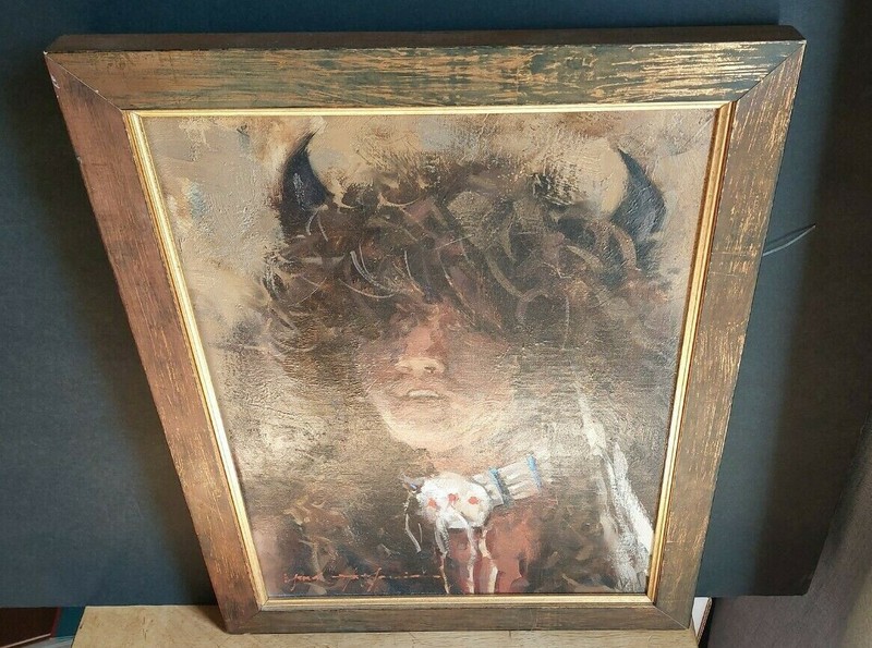 VTG ARIZONA NATIVE AMERICAN BUFFALO WARRIOR FRAMED OIL PAINTING. gallery