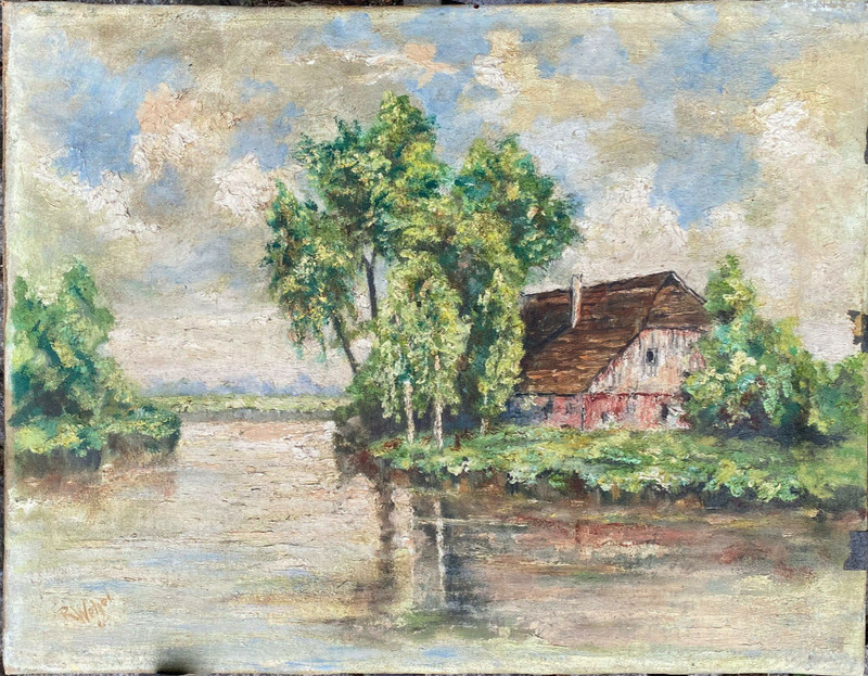 Oil Painting Signed R. Wetzel Farmhouse At Shore North German Antique Worpswede