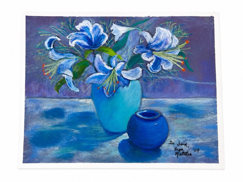 Original Pastel Painting Still Life Blue Lily Flower Floral Art 13×15 Signed 04