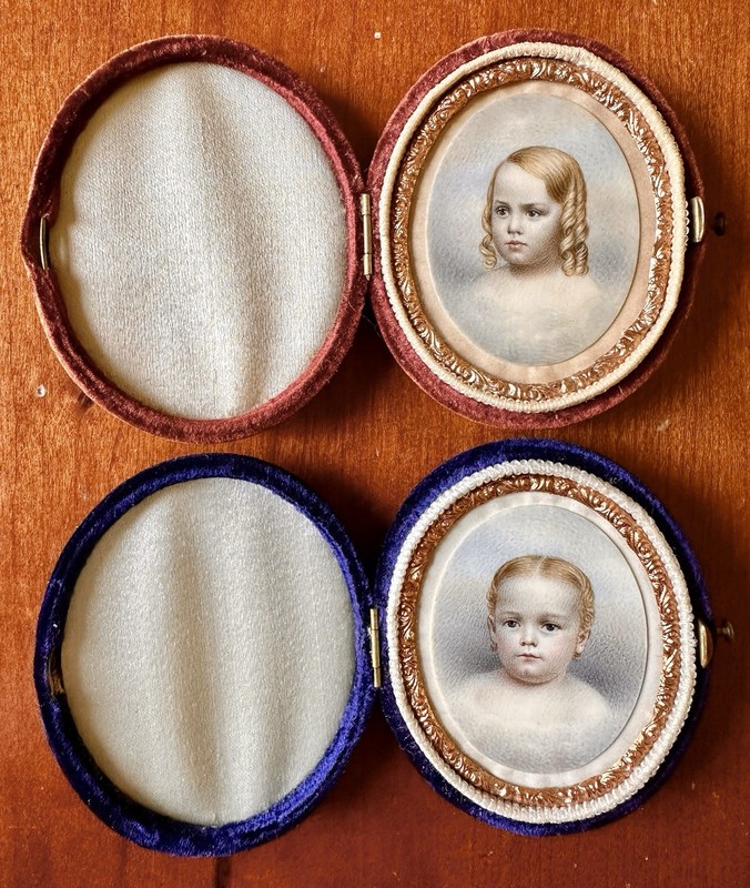 Antique Miniature Portrait Paintings Boy & Girl Siblings In Clouds 1840s 1860s