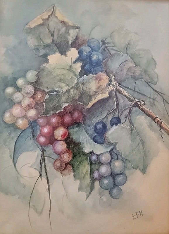 Vintage Oak Frame Grapes Leaf Vine Watercolor Painting Signed 15.25×19" Read gallery