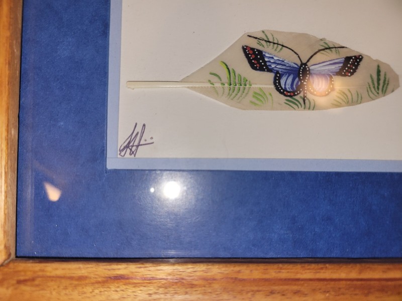 Feather Painting Signed butterfly Painted On Feather matted Framed Under Glass gallery