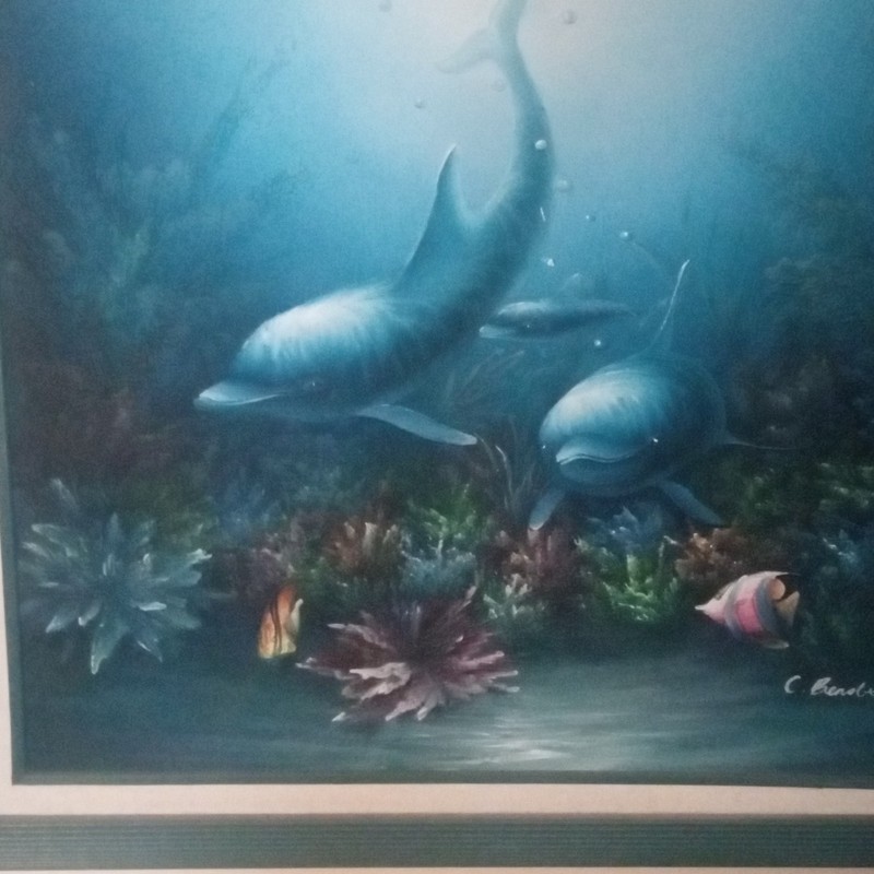 C. Benoit Signed Framed Medium Realism Dolphin Fish Seascape Coral Reef