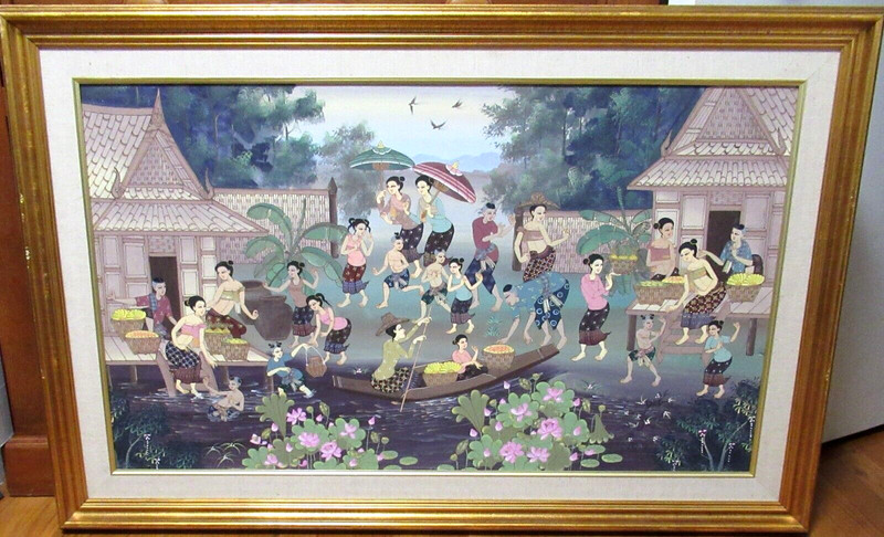 BALI INDONESIAN PEOPLE MARKET ORIGINAL ACRYLIC ON BOARD HUGE LANDSCAPE PAINTING