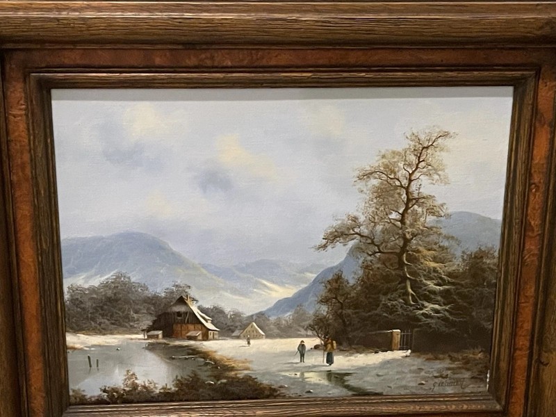 Painting Signed Lechner or Gehard Zank Mountain Landscape in Winter with People
