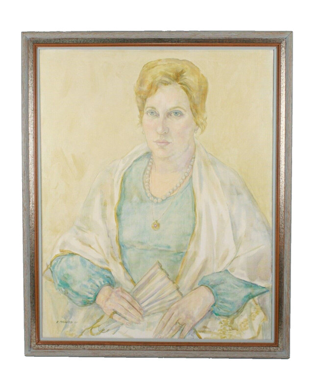 Vintage Female Portrait Woman With Fan Oil Painting Signed R. Madwed 77