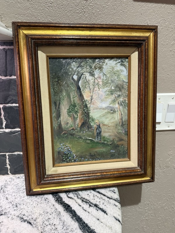 Vintage Framed Painting Child on a Log 17 3/4” x 15” Frame