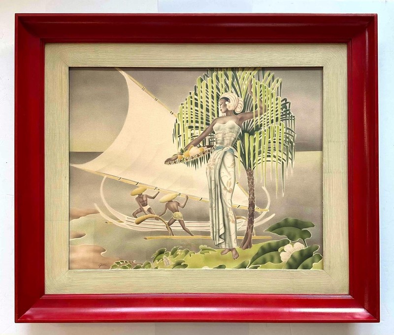 Original Polynesian/Hawaiian Airbrush by Gill c. 1940s -34 x 40 -Original Frame gallery