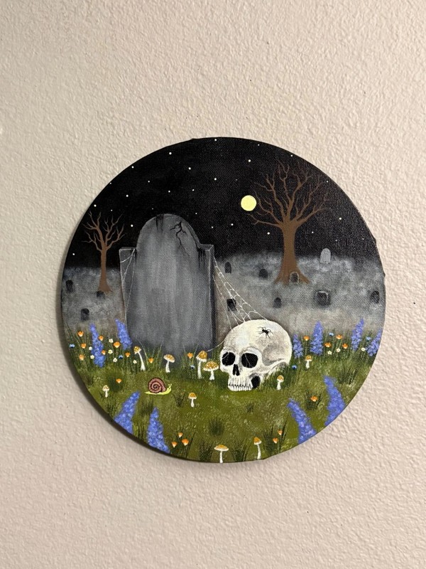 Original Acrylic Painting, Cemetery Skull, 10x10inch Canvas gallery