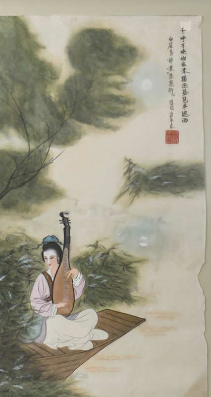 20th Century Japanese Rice Paper Framed Artwork of Woman Playing a Lute 27" Tall gallery