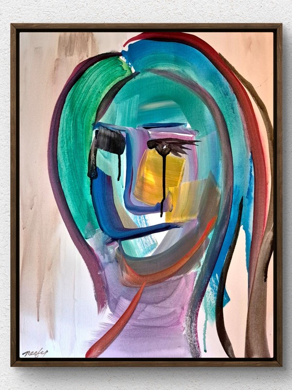 Original Expressive 16×20 Acrylic Portrait Signed Canvas Teal Blue Wall Art C054