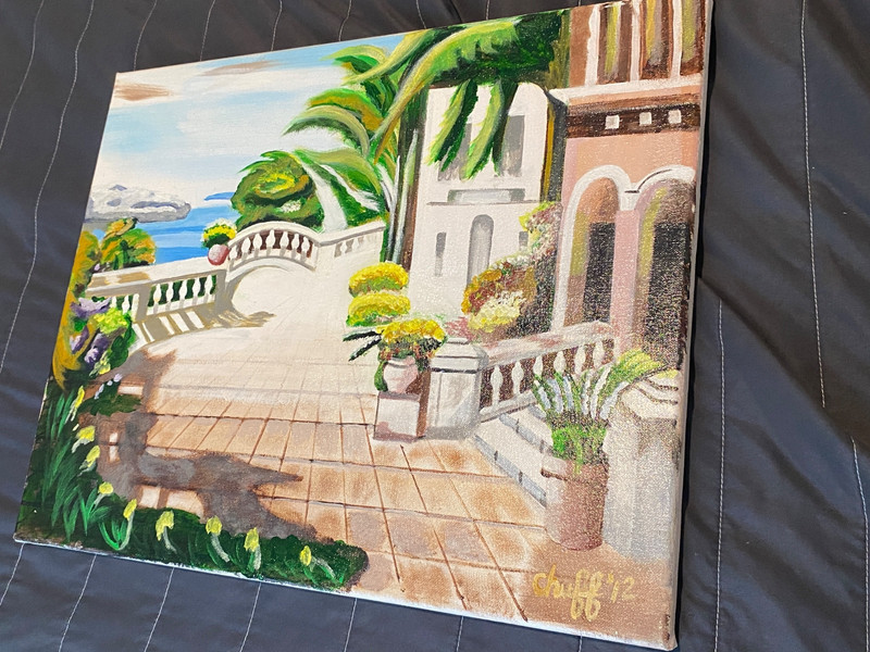 Original Signed Mediterranean Courtyard Landscape Painting Canvas Floral Villa