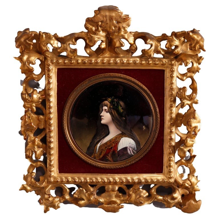 Antique Italian Enamel on Copper Portrait in Giltwood Frame 19th C