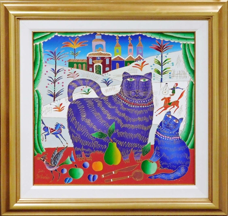 Yuri Gorbachev «Cat and Kitten Near Window in Winter» Oil and gold Enamel Canvas