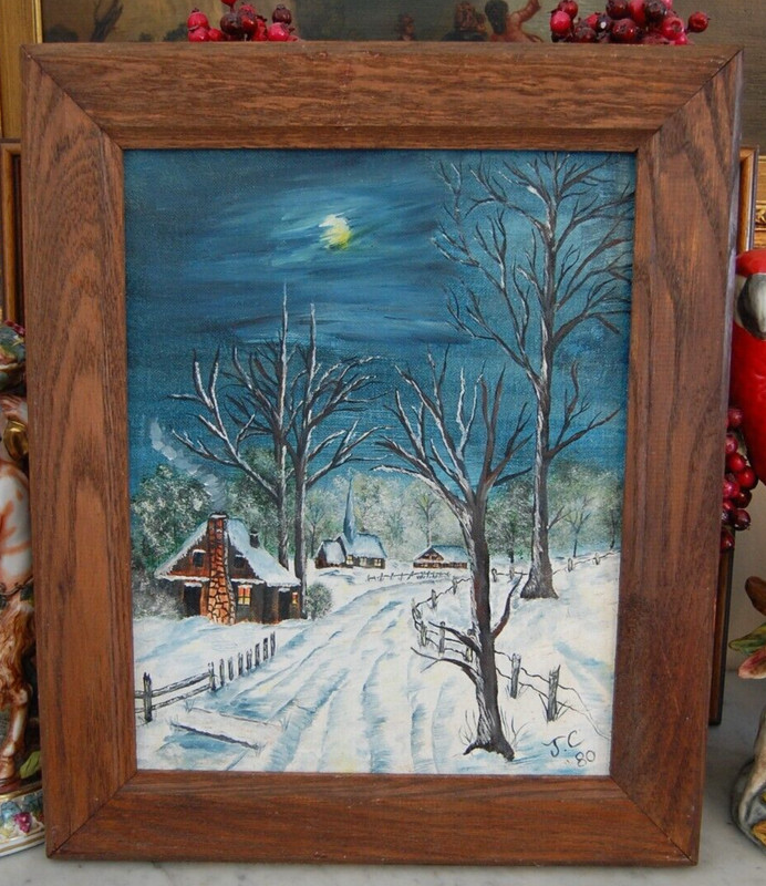 VTG SIGNED FRAMED ORIGINAL OIL NIGHT WINTER VILLAGE LANDSCAPE ARTIST JO ANN CONO