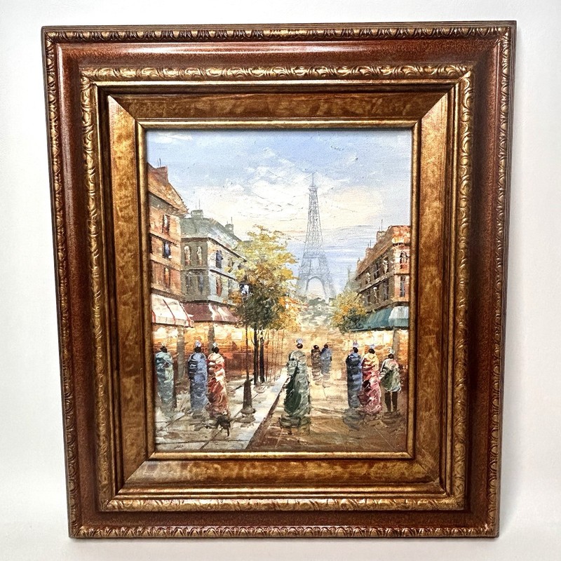 Hand Carved Gold Wood Frame w Paris Street Eiffel Tower Impasto Painted Canvas