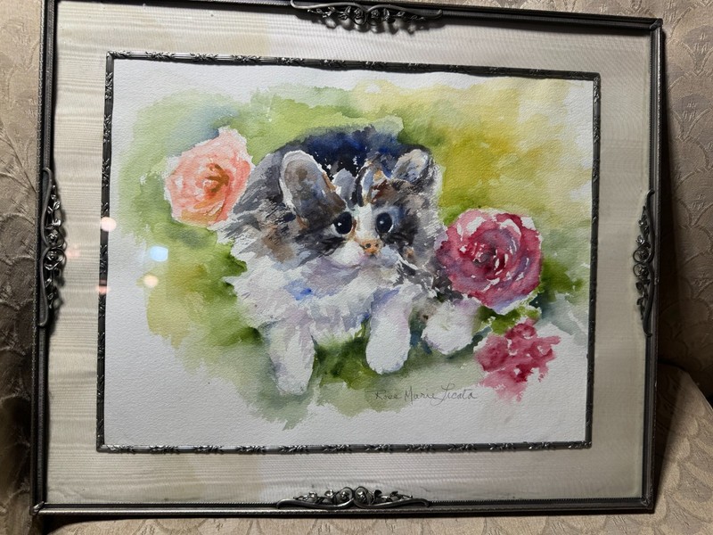 Rose Marie Licata (1932 – 2020) «Kitten Among Roses» Watercolor Painting -Framed