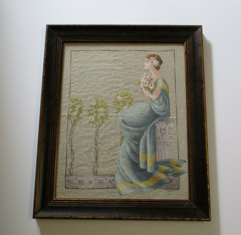 ANTIQUE NEEDLEPOINT HAND MADE PORTRAIT PRETTY WOMAN ART DECO NOUVEAU MODEL RARE
