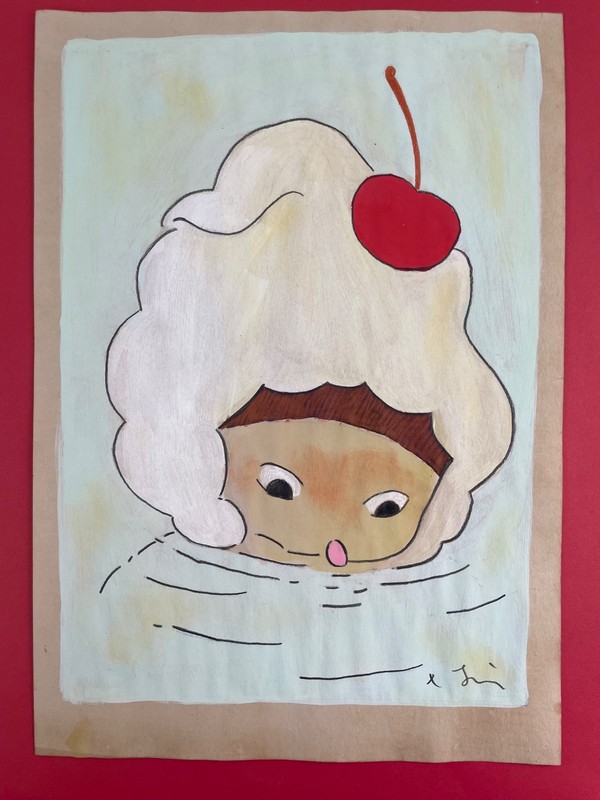 Yoshitomo Nara drawing and painting on old paper signed stamped vintage