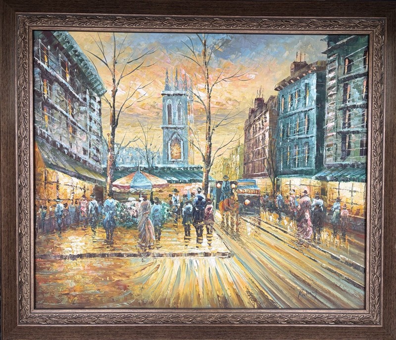 Oil on canvas painting of Parisian street scene, 26”W x 23”H, framed, signed