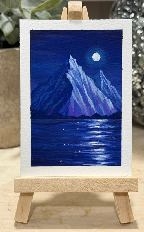 Original ACEO Gouache Painting Moonlit Mountain Lake Reflection Mini Art OOAK