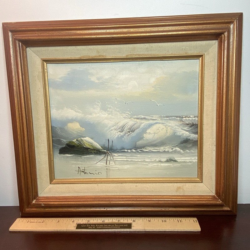 Signed Antonio Canvas Oil Painting Coastal Seascape Seagulls Waves Crashing
