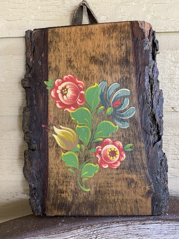 Vntg Folk Art Floral Painting On Rustic Wood Plank Hand Painted Wall Art 6×8”