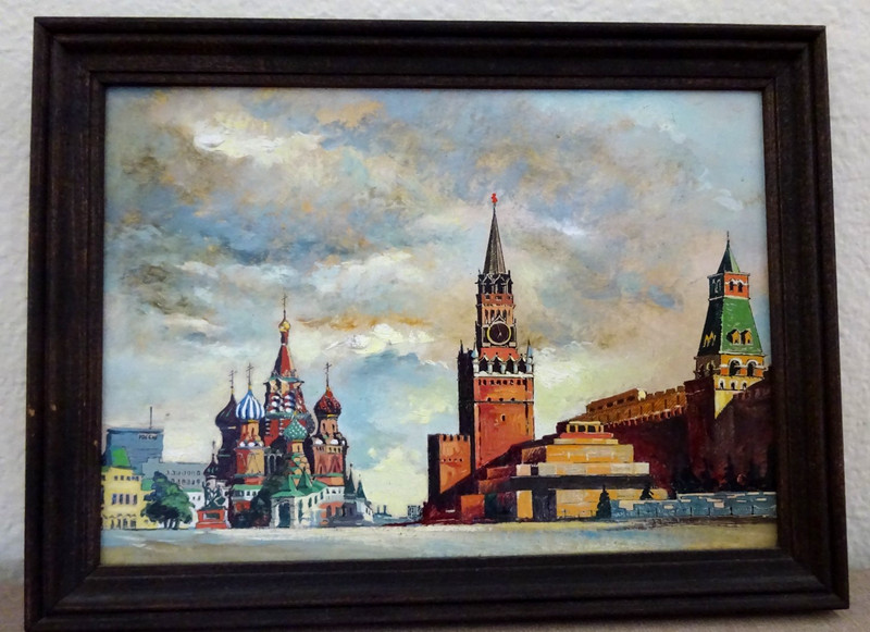 VINTAGE HAND PAINTING ON WOOD, RUSSIAN BUILDINGS, SIGNED & DATED