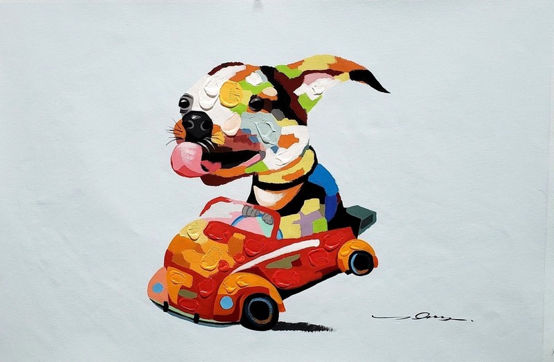 Modern Style, Dog can drive ? 24×36 Hand painted on Giclee Canvas