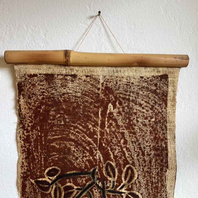 African Textile Wall Hanging | Oxen Motif | Bamboo Japandi | Mid-Century 30" gallery