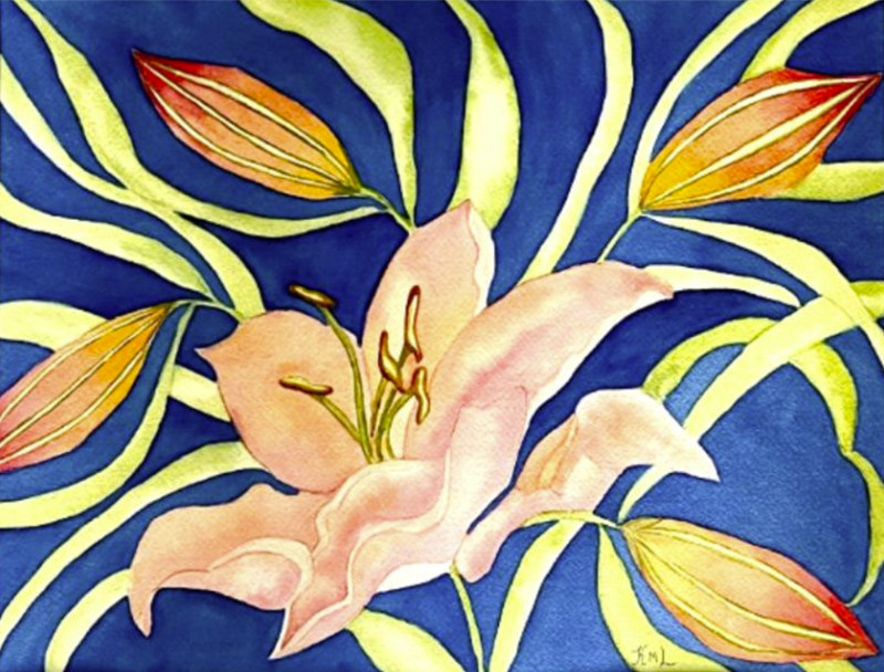 PAINTING WATERCOLOR 11X14 AND DOUBLE MAT 16X20 FLOWER LILY ORANGE PINK CORAL