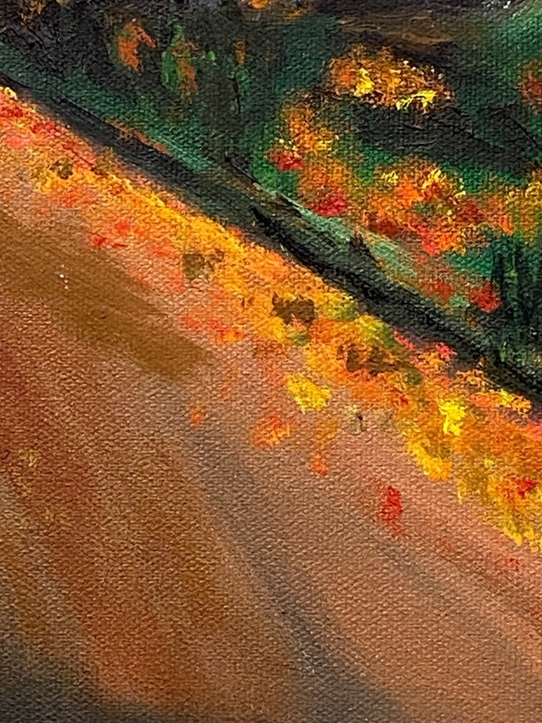 Autumn Scene Oil on Canvas Painting Signed 24”W x 18”H Vibrant, Farm Trees Road gallery