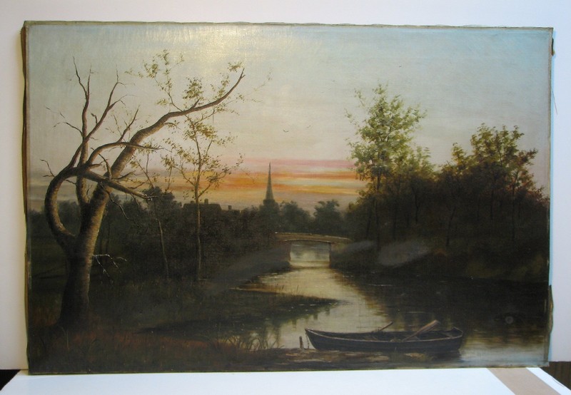 Large and Old Oil Painting on Canvas – Sunrise Stream Scape & Church Spire