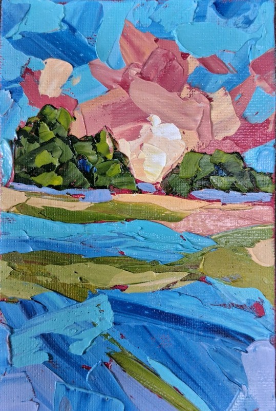 Original 4×6″ Oil Painting IMPASTO Textured colorful landscape & sunset abstract
