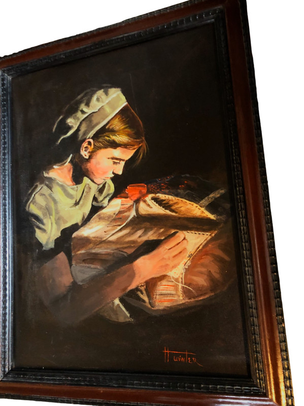 Helen Winter Signed Framed Oil Painting Woman Sewing at Window Light ~14" X 18" gallery