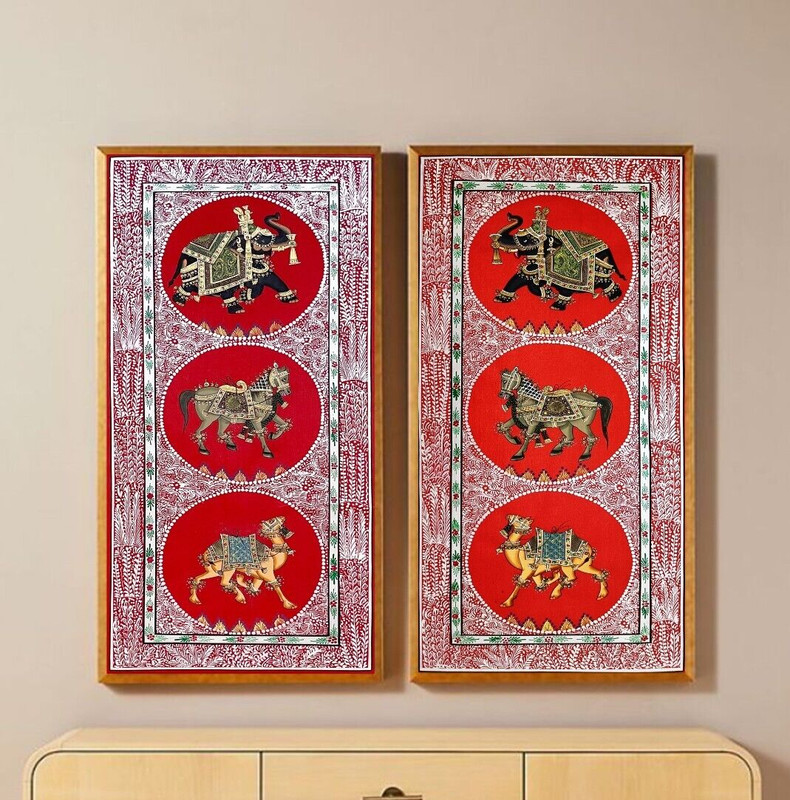 Set of 2 Trio Painting, Elephant, Camel and Horse, Hand Painted Painting