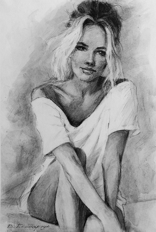 Original charcoal portrait drawing Minimalist monochrome sketch illustration art