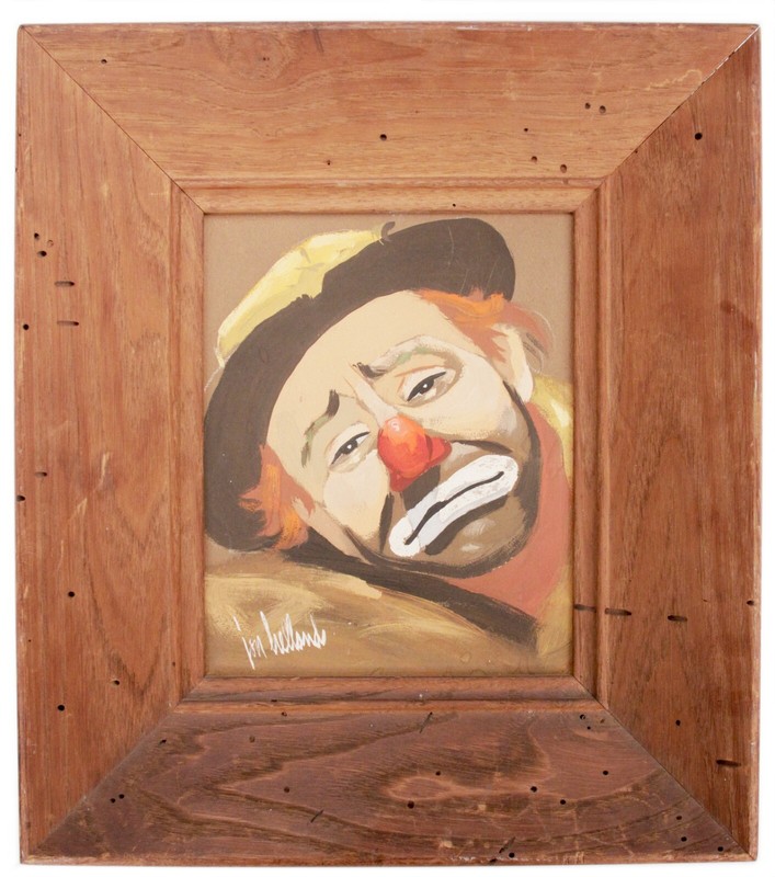 Vintage 1957 Original Gouache Painting Signed Jon Helland Sad Clown Emmett Kelly