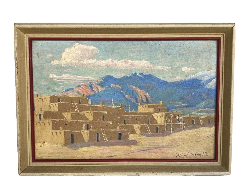 Orig Albert Looking Elk (Martinez) Oil Painting, Taos Pueblo, Framed 14" x 10" gallery
