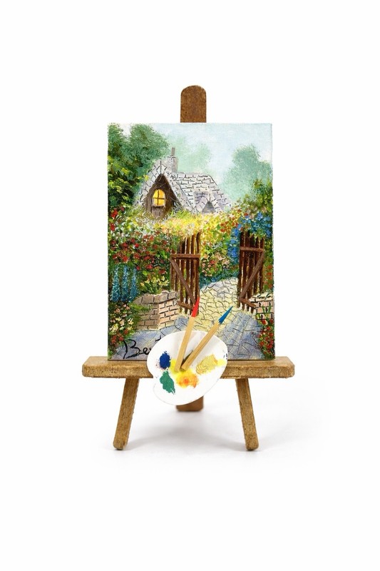 Miniature Oil Painting on Canvas Panel w/ Easel Signed Bertone Cottage Garden