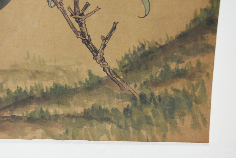 15" Antique Chinese Asian Signed Watercolor Silk White Lilies and Butterflies gallery