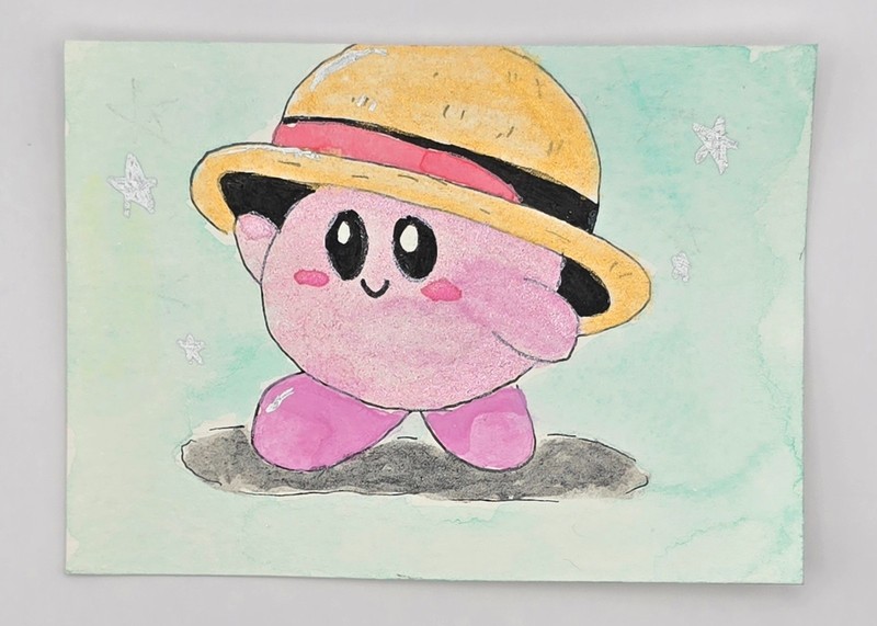 Kirby Luffy ACEO Original Watercolor One Piece Fan Art OOAK ATC Mini Painting