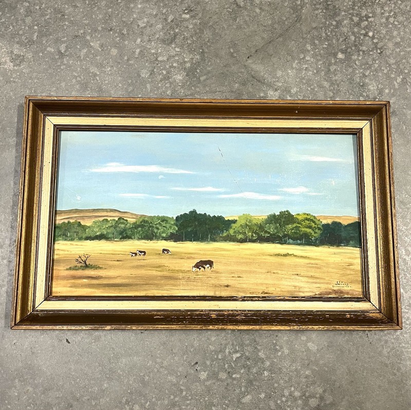 Vintage Cow Ranch Pasture Painting On Wood Signed Framed 23.5×14.5 Folk Art Read