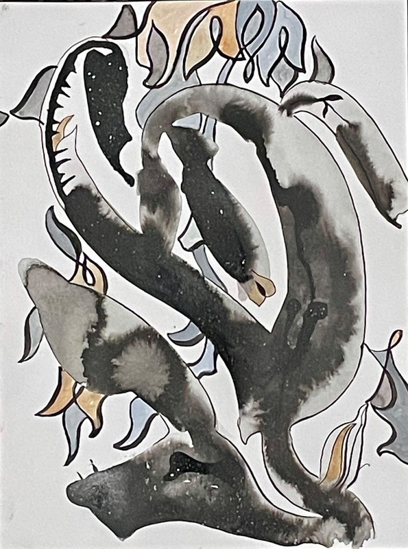 pAbstract metamorphic plant swan drawing Acrylic ink marker on paper 9 x 12