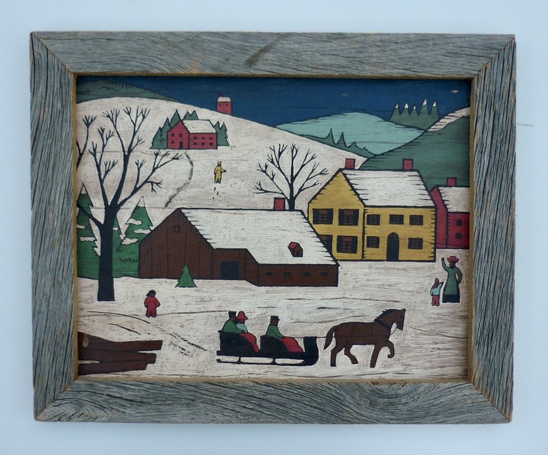 Vintage Americana Primitive Naive Folk Art Oil Painting on Plywood
